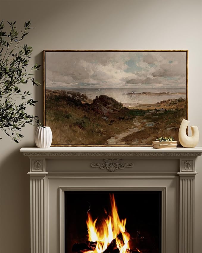 InSimSea Framed Canvas Wall Art Vintage Decor, Seaside Path Wilderness Landscape Paintings Artwork, Large Prints, Retro Wall Decorations for Living Room Bedroom Bathroom, 24