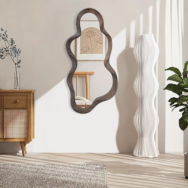 Asymmetrical Cloud Mirror - Irregular Wood Frame, Modern Artistic Wall Mirror, Decorative for Bathroom, Living Room, Bedroom, Entryway & Hallway - 90x50cm