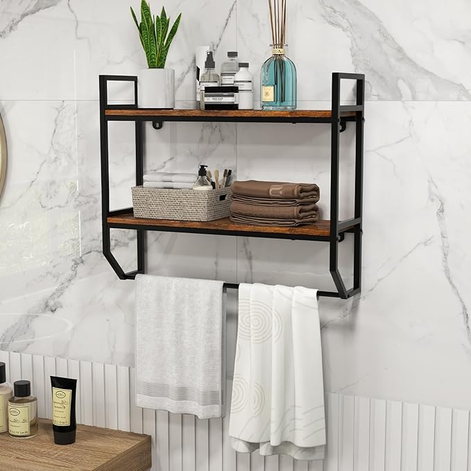 Giantex Wall Mounted Bathroom Shelves with Towel Bar, Industrial 2-Tier Over The Toilet Storage Organizer with Metal Frame, Wooden Wall Shelves, Floating Shelves for Bathroom, Kitchen, Living Room