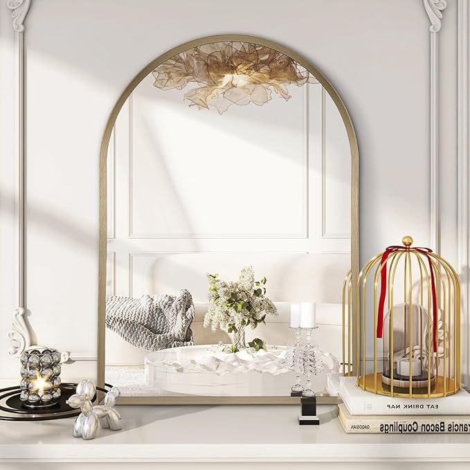 Bathroom Arched Wall Mirror Brushed Metal Vanity Wall Mounted Mirror for LivingRoom Bedroom Entryway Room Vanity Home Decor 26