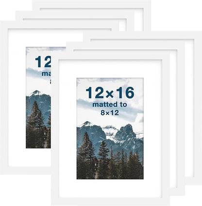 FrameWorks 12x16 mat to 8x12 Classic Wooden Picture Frames Tempered Glass/White / 6-Pack