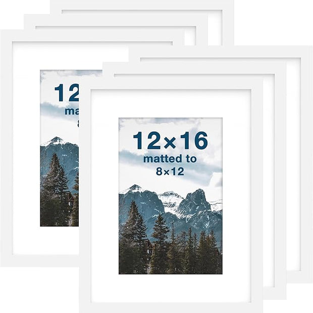 FrameWorks 12x16 mat to 8x12 Classic Wooden Picture Frames Tempered Glass/White / 6-Pack
