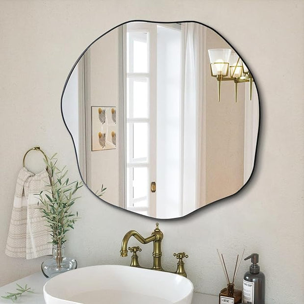 POZINO Irregular Mirror, 30" Large Asymmetrical Wall Mirrors, Scalloped Rounded Mirror, Modern Frameless Abstract Mirrors for Living Room Bedroom Bathroom Entryway Hallway Fireplace
