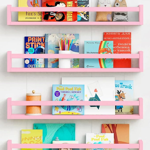 Forbena Large Pink Kids Book Shelves for Girls Room Wall Set of 4, Floating Nursery Book Shelf for Baby Girl Deocr, 24 Inches Long Wall Mounted Bookshelf for Toddler Kid Child Teens Bedroom (Pink)