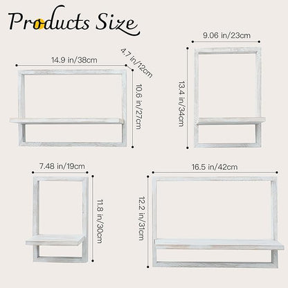 PHOENANCEE Square Floating Shelves,Framed Wall Shelf Decorative Set of 4,Modern Plants Hanging Display Art Decor Storage for Livingroom Bedroom Bathroom Farmhouse,Home Light Wood,Rustic White