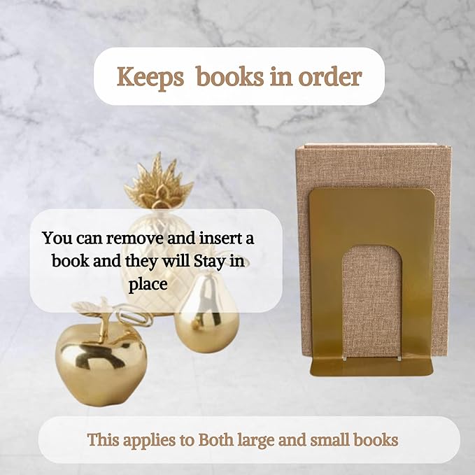 Alessk 8 Pieces Gold Bookends for Shelves, Heavy Duty Metal Bookends Supports Heavy Books, Decorative Gold Stops for Home or Office Decoration - 4 Pairs.