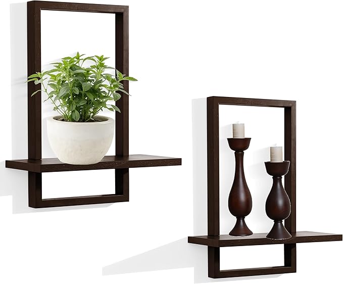 PHOENANCEE Square Floating Shelves,Wall Plants Holder,Bathroom Wall Decor,Framed Decorative Shelf Black,Modern Chic Set of 2 for Living Room Bedroom Home Office,Soild Wood,L+S(Walnut