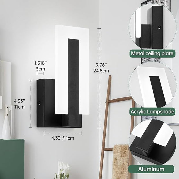 Modern LED Acrylic Wall Sconce, Black Indoor Wall Light Fixtures, 6000K Cold White Wall Mounted Lamp, Wall Sconce Lighting for Hallway, Study,Stairway, Corridor, Bathroom