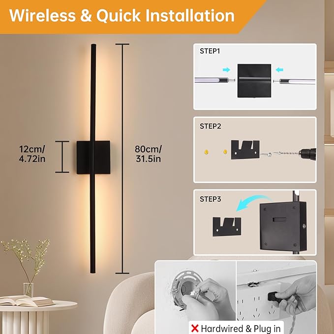 Battery Operated Wall Sconce Set of 2, 10400mAh Rechargeable Wall Lights, 3000K-6000K Dimmable, 350°Rotate, Indoor Wall Sconces with Remote for Bedroom Living Room Bathroom, Black, 31.5 Inch