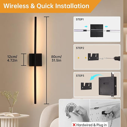 Battery Operated Wall Sconce Set of 2, 10400mAh Rechargeable Wall Lights, 3000K-6000K Dimmable, 350°Rotate, Indoor Wall Sconces with Remote for Bedroom Living Room Bathroom, Black, 31.5 Inch