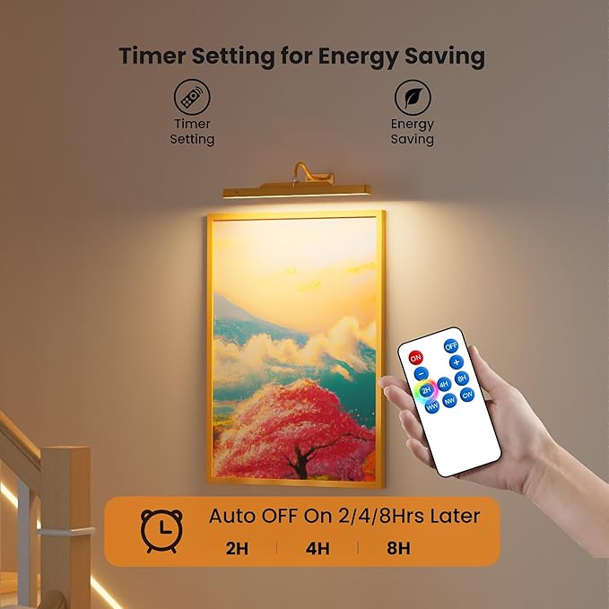 4 Pack Brass Picture Lights for Wall Art, 5000mAh Cordless Gallery Lighting Battery Operated Rechargeable, 3 Color Temps with Remote Control Wall Light for Picture Frame Artworking Portrait