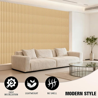 Qidejoy 33 Pcs 3D PVC Slat Wall Panels 12X12in Fluted Textured Paneling Modern Decorative Tiles Cuttable Paintable DIY Wall Art for Interior Decor, Bedroom, Farmhouse, Ceiling, TV Background (Oak)