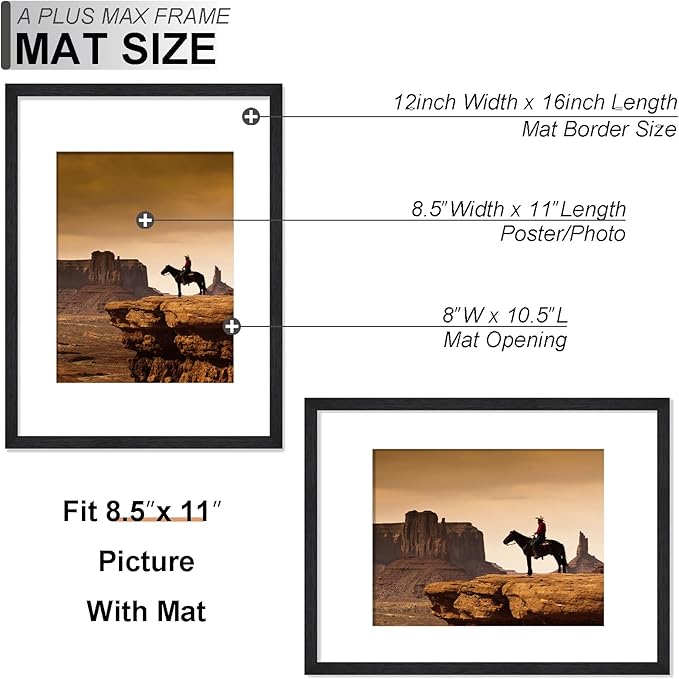 A PLUS MAX 12x16 Picture Frame Set of 6, Engineered Wood Frame Display Photo 8.5x11 with Mat or 12 x 16 without Mat, 12by16 Frame with Black Wood Grain for Wall - 6 Pack/Black/12 x16