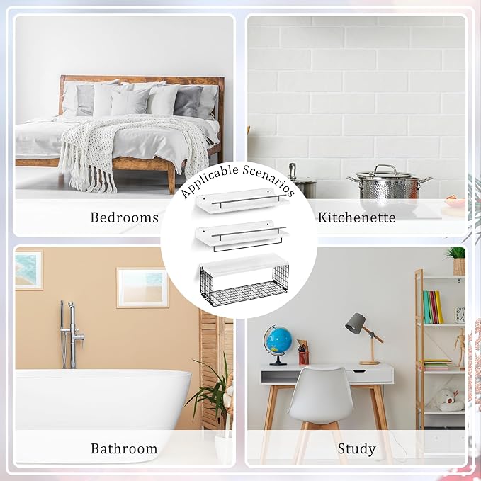 Floating Shelves for Wall, Wood Bookcases, Decor for Kitchen| Farmhouse| Bedroom| Laundry Room| Living Room| Bathroom, Hanging Storage - White