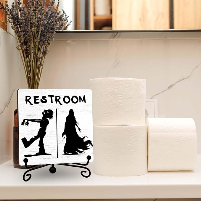 Halloween Bathroom Decor, Zombie Wooden Sign for Home Restroom Desk Shelf, Spooky Table Centerpieces for Washroom Accessories - A12