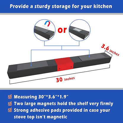 30" Magnetic Stove Top Shelf – Black Spice Rack with Red LOVE Design – Seasoning Organizer for Back of Stove – Over Stove Rack and Kitchen Storage Shelf