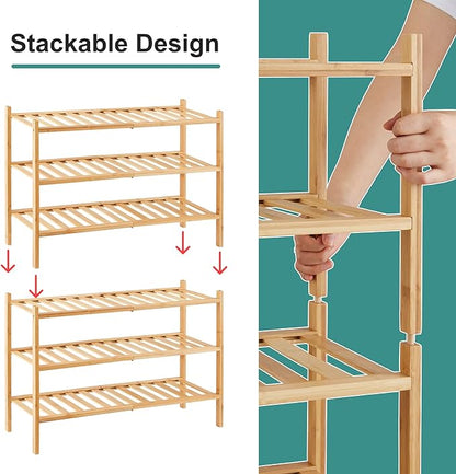 6-Tier Bamboo Shoe Rack for Entryway, Stackable | Foldable | Natural, Shoe Organizer for Hallway Closet, Free Standing Shoe Racks for Indoor Outdoor