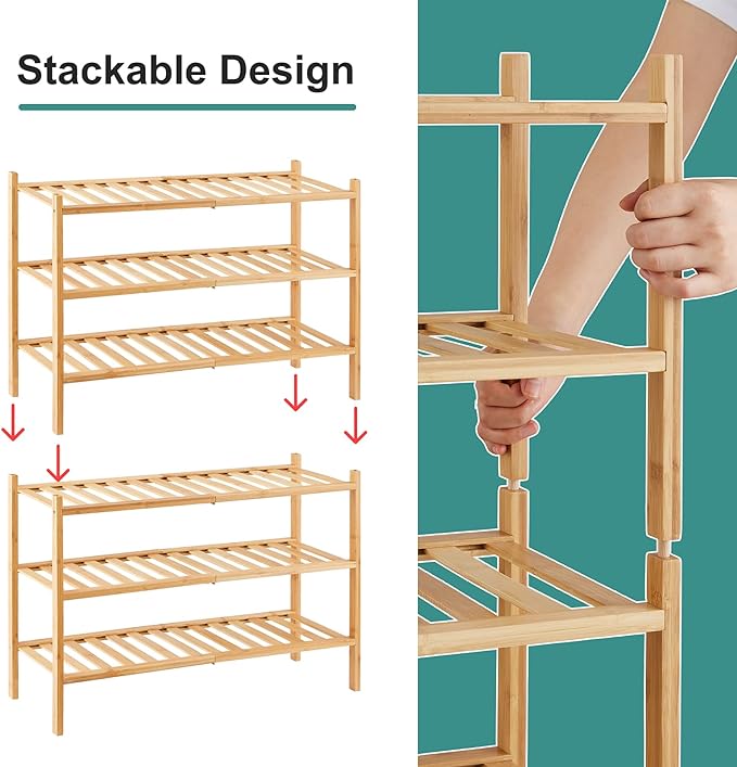 6-Tier Bamboo Shoe Rack for Entryway, Stackable | Foldable | Natural, Shoe Organizer for Hallway Closet, Free Standing Shoe Racks for Indoor Outdoor