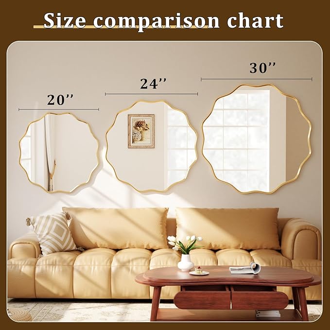 20 Inch Scalloped Round Wall Mirror, Gold Wavy Edge Frame Circle Mirror for Bathroom, Bedroom, Entryway, Living Room for Wall Decor