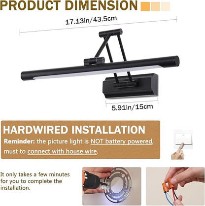 17" Picture Light Matte Black Hardwired Gallery Light 270° Rotation Led Poster Lights 95 CRI 3000K Non-Dimmable True-Color Cordless Art Lighting for Paintings, Display Cabinets，Bathroom.