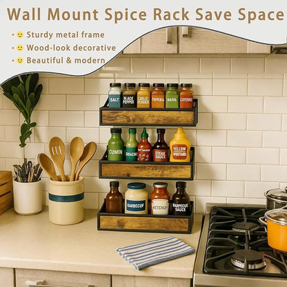 Spice Rack Wall Mount 3 Pack, Space-Saving Seasoning Organizer,Screw or Adhesive Hanging Spice Rack Organizer for Kitchen Cabinet and Wall (Engineered Wooden)