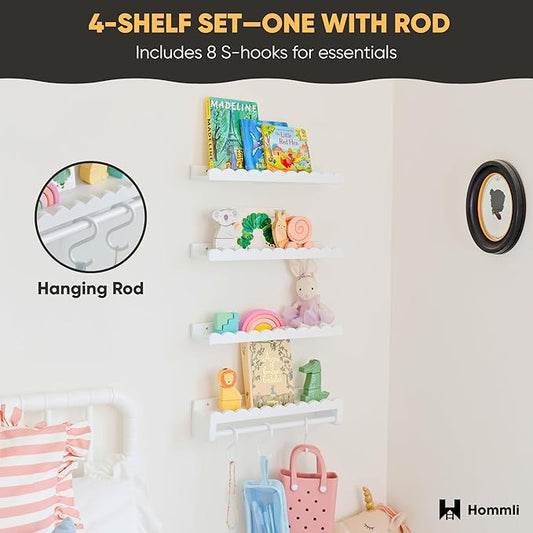Nursery Book Shelves, Scalloped Shelves, 4-Pack White Set with 1 Hanging Rod and 8 S-Hooks for Kids’ Rooms and Baby décor