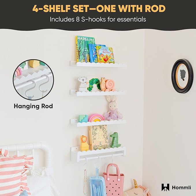 Nursery Book Shelves, Scalloped Shelves, 4-Pack White Set with 1 Hanging Rod and 8 S-Hooks for Kids’ Rooms and Baby décor