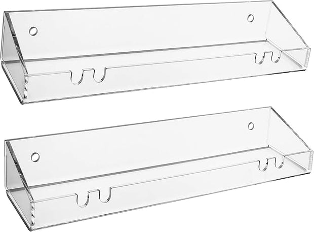 AMT 2 Pack Acrylic Floating Shelves, 15"L x 4.8"W, Clear Bathroom Wall Shelves, Bookshelves, Invisible Shelf For Office, Bedroom, Kitchen, Design with Hanging Slots for Sponge, Free Screws & Drill Bit
