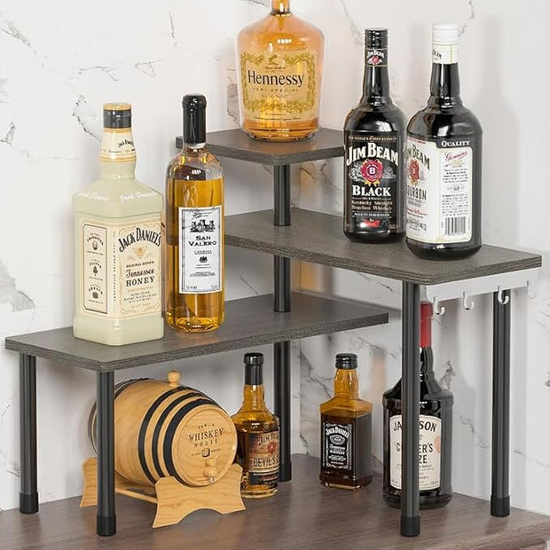 ZHWS Kitchen Countertop Organizer, Bathroom Counter Organizer, Adjustable 3 Tier Corner Shelf with 4 Metal Hooks for Counter Organize, Spice Rack, Makeups, Coffee Station Bookshelf (Rustic Grey)