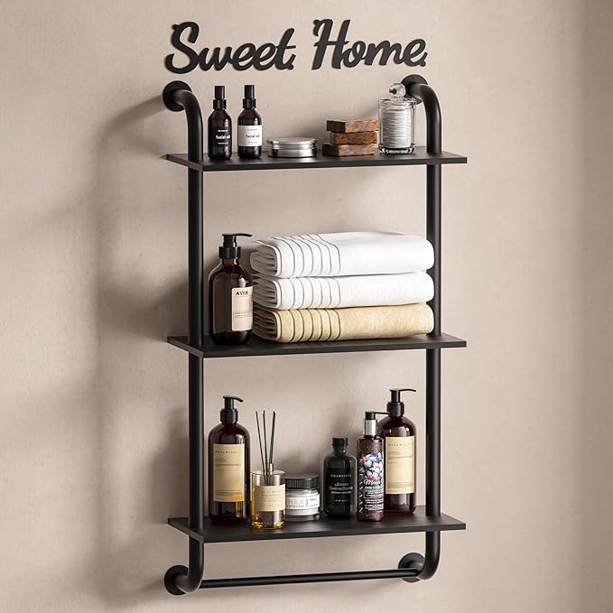 Bathroom Shelves Wall Mounted, Rustic Farmhouse Pipe Shelves, Walls Shelf 3-Tier, Industrial Pipe Shelving, Floating Shelf Wall Decor for Bathroom, Kitchen, Bedroom, Living Room 17.3in Black
