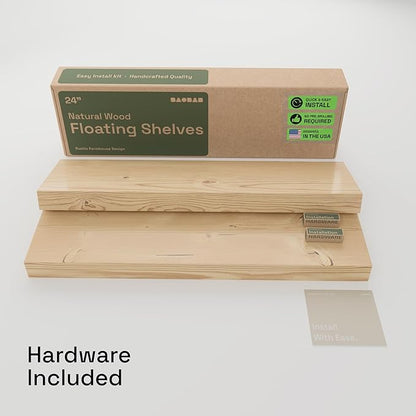 BAOBAB WORKSHOP Wood Floating Shelves for Bathroom Wall - Rustic Shelf 24 inch - Floating Wooden Shelves for Bedroom Kitchen Living Room - Natural Wood Shelves, 24W x 6.7D, Set of 2