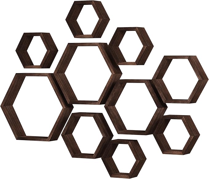 WONFUlity Hexagon Floating Shelves Honeycomb Shelves Wall Mounted Wood Farmhouse Storage Wall Shelf for Bathroom, Kitchen, Bedroom, Living Room,Driftwood Finish Decor,Dark Brwon