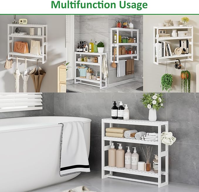 RRX Bathroom Shelf Storage Organizer, Bathroom Shelf 3-Tier Adjustable Layer Bamboo Organizer with Bar,Hanging, Freestanding Over Toilet Utility Shelves,White