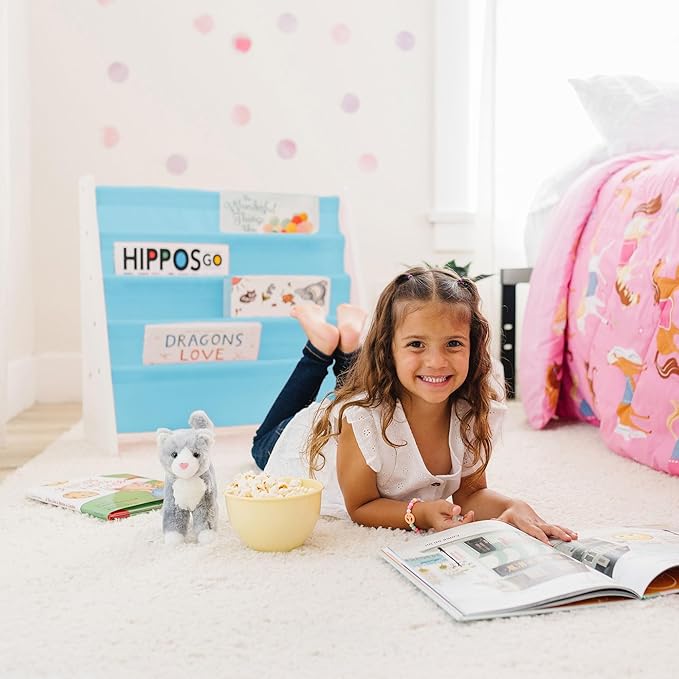 Wildkin Wooden Sling Bookshelf for Kids – Premium Canvas Design with 4 Fabric Shelves, Organizer for Home or Classroom - White w/Aqua