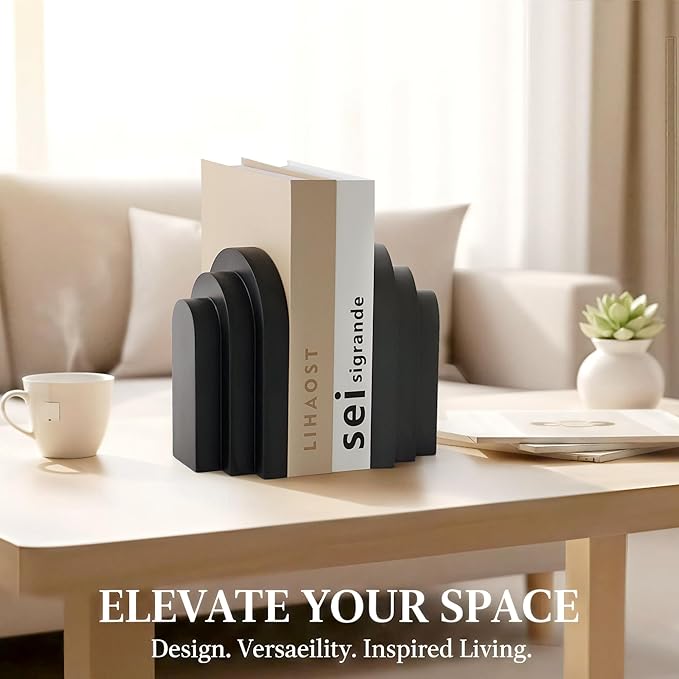 Heavy Duty Book Ends for Shelves, Decorative Bookends for Heavy Books Set of 2, 6.6 LBS Modern Book Stopper for Home Decor, Bookshelf, Aesthetic Bookend with Layered Arch Design, Black