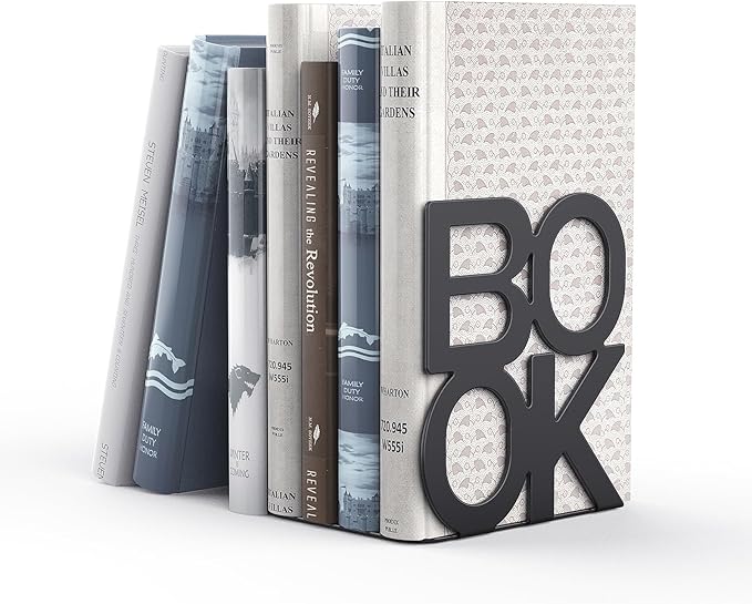 Book Ends - Decorative Metal Book Ends Supports for Bookrack Desk,Books, Unique Appearance Design,Heavy Duty (Black, 8 Pair)