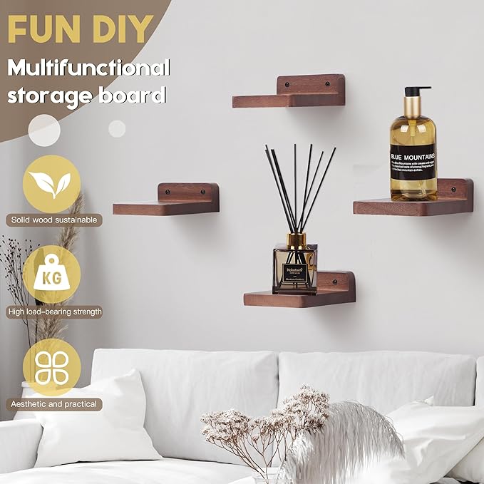 Small Floating Shelf, 4x4 Inch Display Ledges for Wall,Mini Shelves,Rustic Wood Shelf for Bedroom Living Room Bathroom Kitchen (4, Light Walnut)