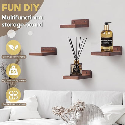Small Floating Shelf, 4x4 Inch Display Ledges for Wall,Mini Shelves,Rustic Wood Shelf for Bedroom Living Room Bathroom Kitchen (4, Light Walnut)