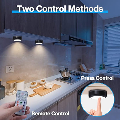 Cadrim Puck Lights, 4 Pack 13 Colors Changeable LED Puck lightings Battery Powered Dimmable Under Cabinet Lights, Battery Powered Under Counter Lights with 1 Wireless Remote Controls, Black
