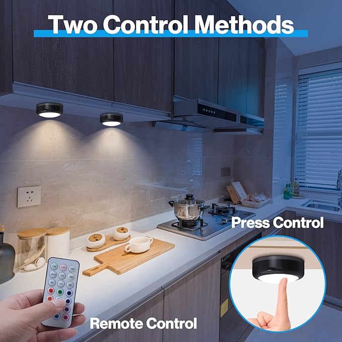 Cadrim Puck Lights, 2 Pack 13 Colors Changeable LED Puck lightings Battery Powered Dimmable Under Cabinet Lights, Battery Powered Under Counter Lights with 1 Wireless Remote Controls, Black