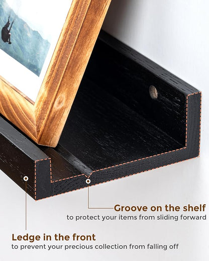 Axeman Oak Picture Ledge Shelf, 55 Inch Floating Shelves Set of 2, Solid Oak Wood Wall Shelves with Lip, Wall Decor Storage for Bedroom Living Room Bathroom Kitchen Nursery Photo Picture, Black