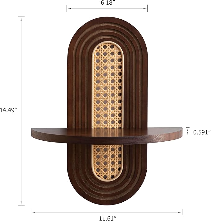 Wooden Arched Floating Shelf - Boho Decor Wall-Mouted Shelves Book Display Rattan Shelf for Bedroom Living Room Bathroom Nursery Home Office 14.5