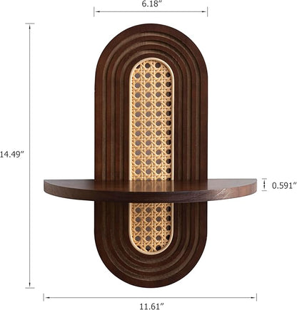 Wooden Arched Floating Shelf - Boho Decor Wall-Mouted Shelves Book Display Rattan Shelf for Bedroom Living Room Bathroom Nursery Home Office 14.5" x 11.6"