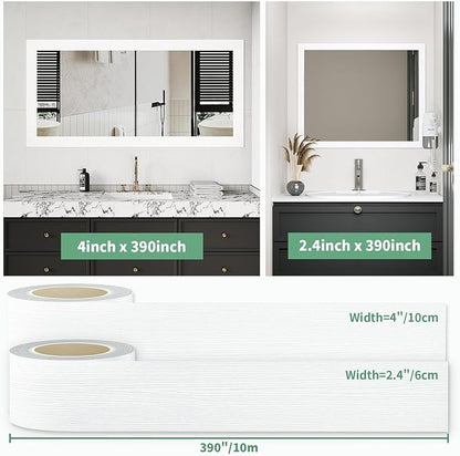 Peel and Stick Wallpaper Borders 390” x 2.36” Self Adhesive Mirror Frame Border Wood Grain DIY for Kitchen Bathroom Mirror Removal Border Sticker Wall Decor Cover 6.4 Sq.Ft, White Wood