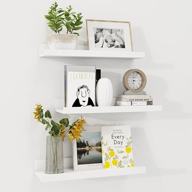 Axeman Picture Ledge Shelf | 16 Inch White Floating Shelves Set of 3 | Rustic Wood Wall Shelves with Lip | 16" White Picture Shelf for Wall with Ledge | Photo Shelves
