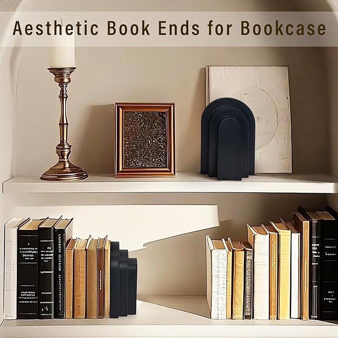 Heavy Duty Book Ends for Shelves, Decorative Bookends for Heavy Books Set of 2, 6.6 LBS Modern Book Stopper for Home Decor, Bookshelf, Aesthetic Bookend with Layered Arch Design, Black