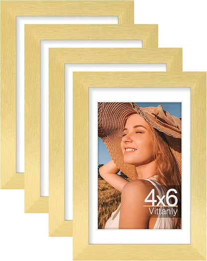 Vittanly 4x6 Picture Frames Set of 4, Display Pictures 3.5x5 with Mat or 4x6 without Mat, Small Photo Frames for Wall or Tabletop Display, Engineered Wood with Shatter Resistant Plexiglass, Gold