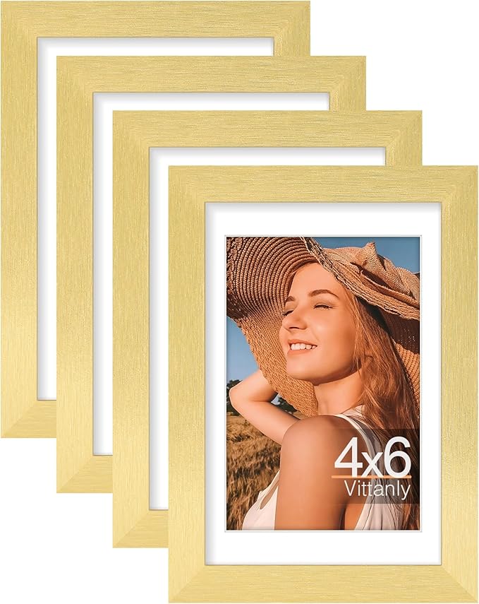 Vittanly 4x6 Picture Frames Set of 4, Display Pictures 3.5x5 with Mat or 4x6 without Mat, Small Photo Frames for Wall or Tabletop Display, Engineered Wood with Shatter Resistant Plexiglass, Gold