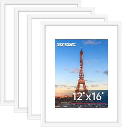 FIXSMITH 12x16 Picture Frame White Set of 4, Photo Frame with HD Plexiglass, Display Pictures 8.5x11 with Mat or 11x17 Without Mat, White Picture Frames Collage Wall Decor, Gallary Wall Frame