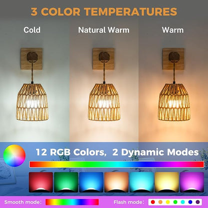 Rattan Wall Sconces Battery Operated, Boho Wall Sconce, Battery Operated Wall Sconce Set of Two, Rechargeable Woven Lantern Wireless Wall Light/Lamp for Bedroom Home Decor